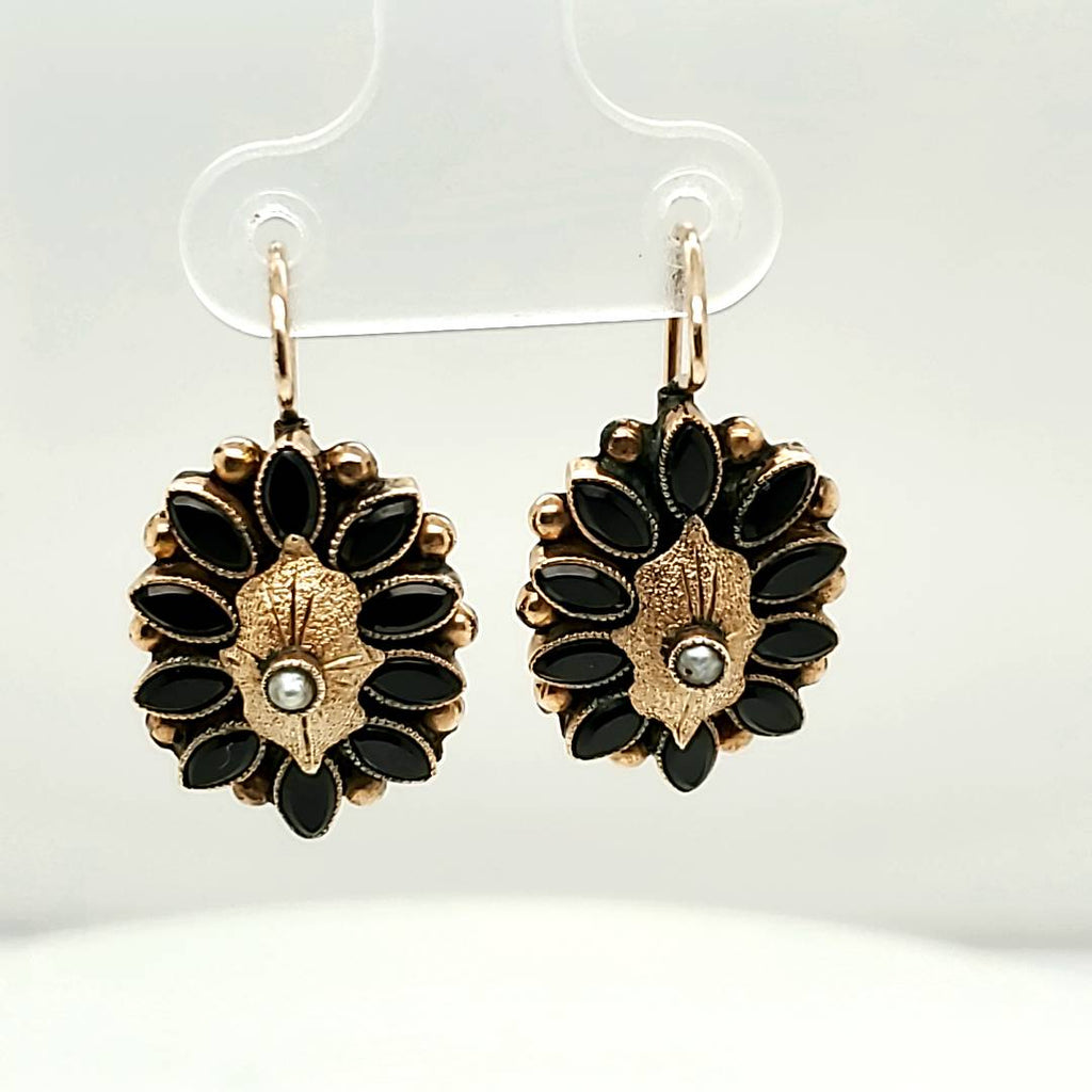 Antique Victoriant Black Onyx and Pearl Dangle Earrings