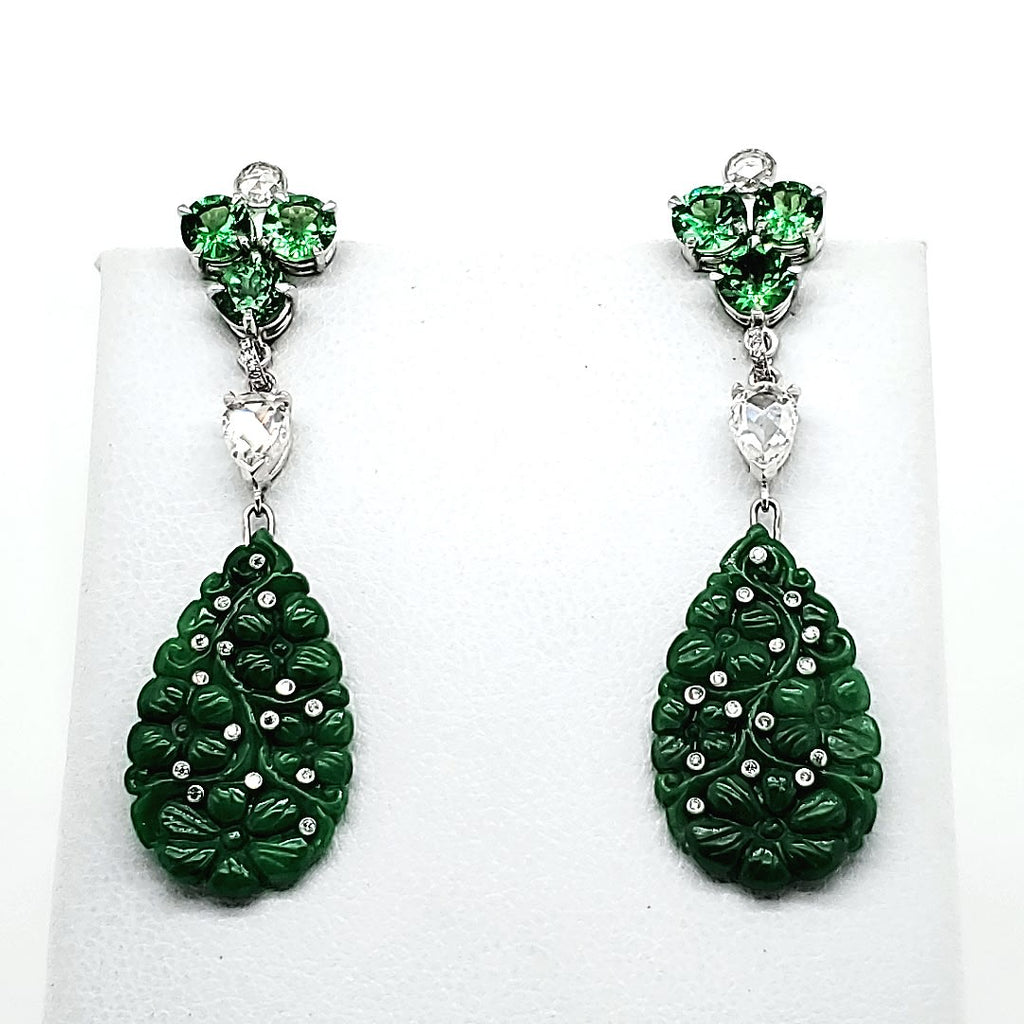 Platinum And 18Kt White Gold Natural Jadeite Jade, Diamond And Tsavorite Garnet Dangle Earrings