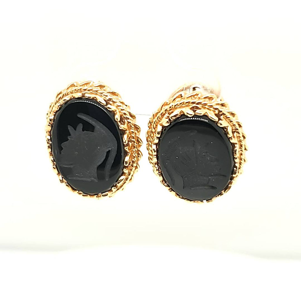 Vintage 14kt Yellow Gold Black Onyx Intaglio Earrings