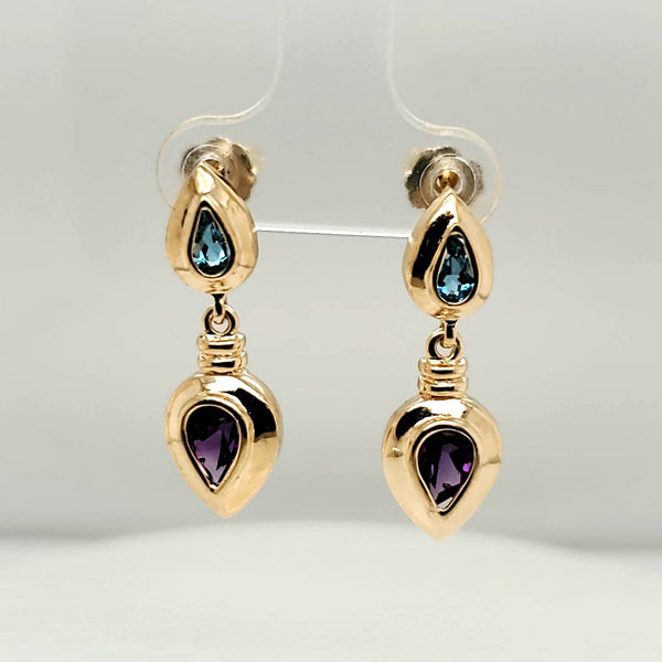 14kt Yellow Gold Swiss Blue Topaz and Amethyst Earrings