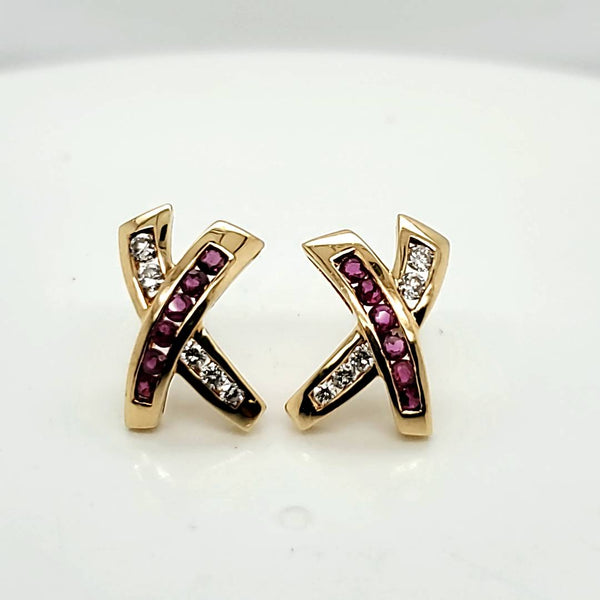 14kt Yellow Gold Ruby and Diamond X Earrings