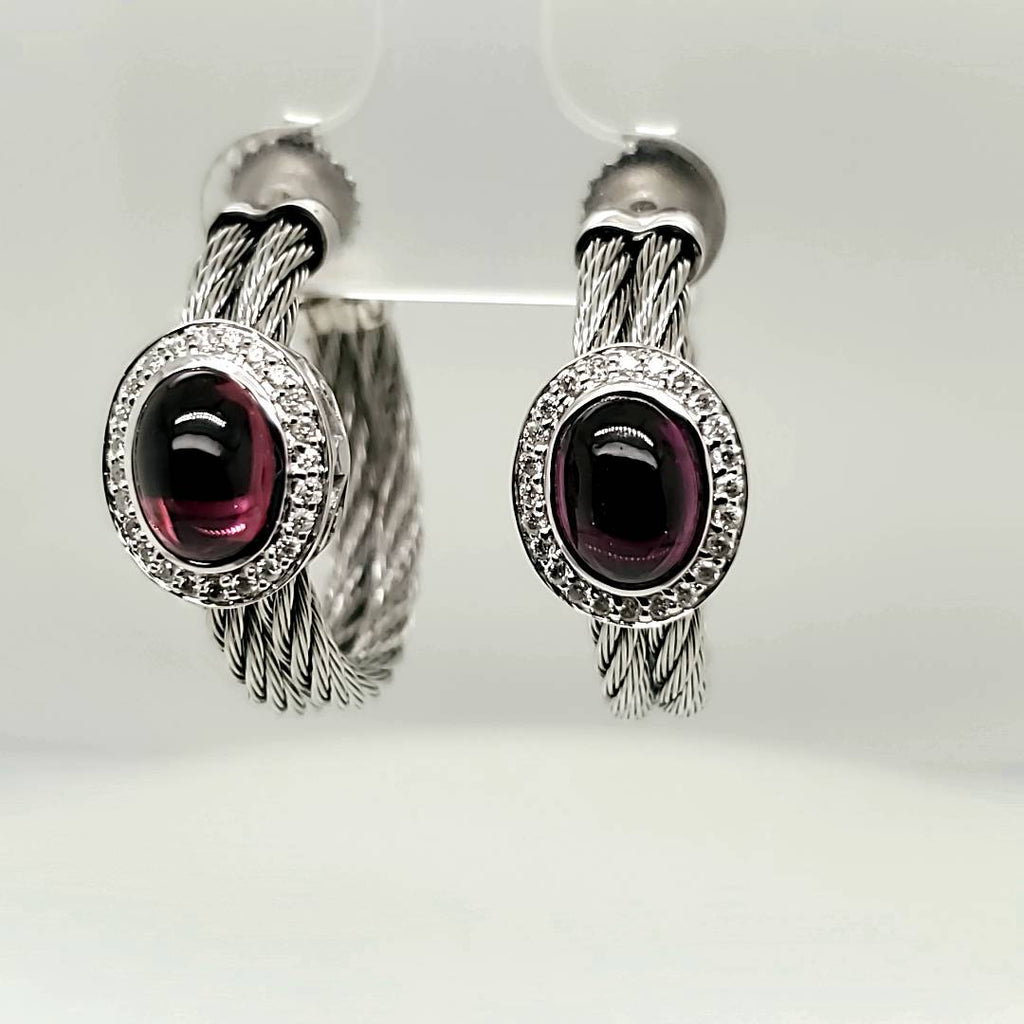 Charriol Flamme Blanche Garnet and Diamond Hoop Earrings