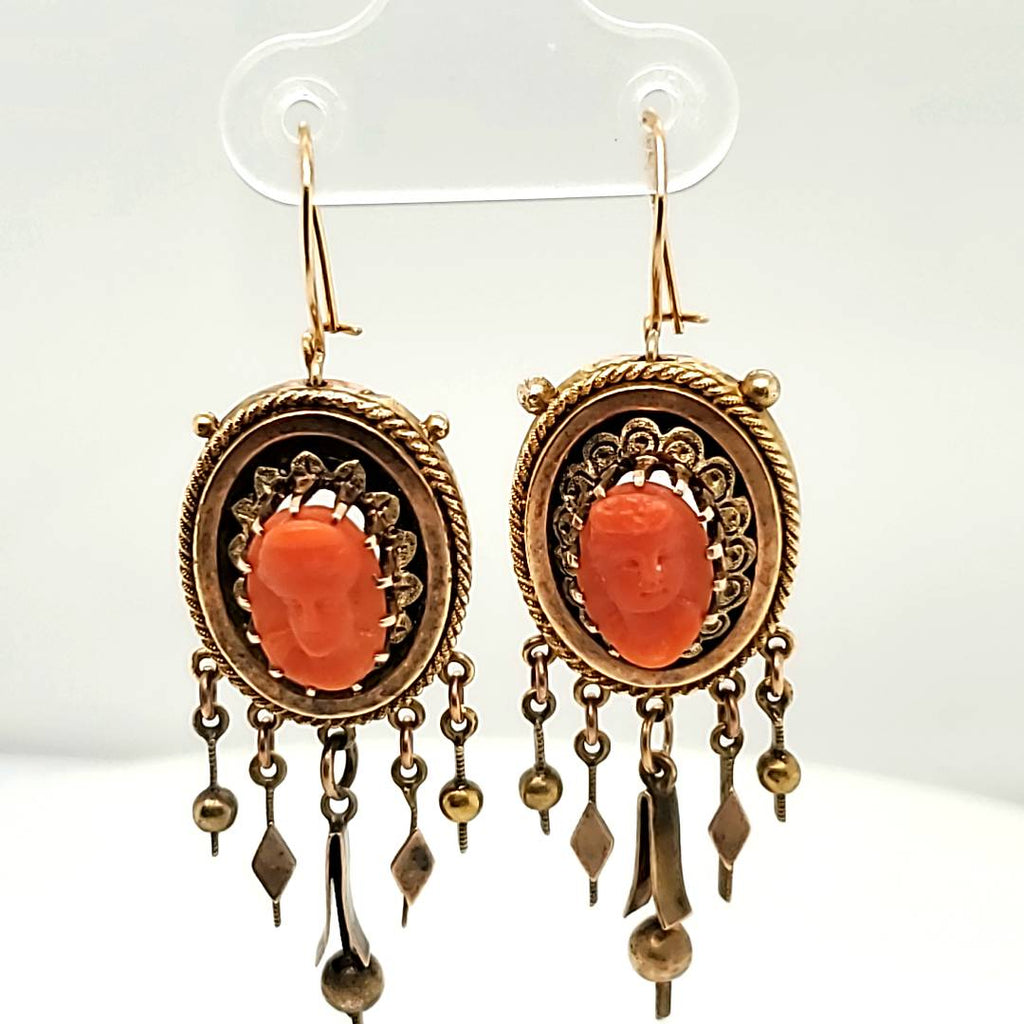 Antique Victorian 14Ktyg Coral Cameo Earrings