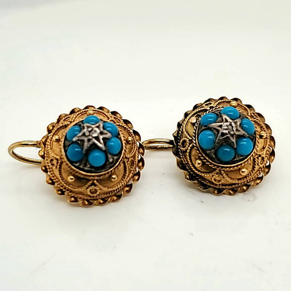 Victorian 14kt Yellow Gold And Turquoise Drop Earrings