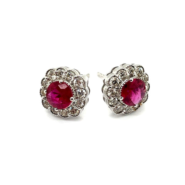 14kt White Gold 2.13Ctw Ruby And Diamond Stud Earrings