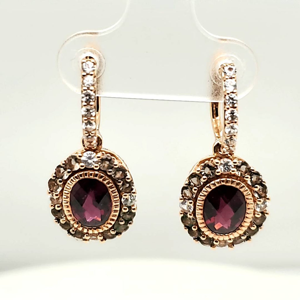 LeVian 14kt Rose Gold Garnet Smoky Topaz and White Sapphire Earrings