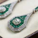 Platinum Diamond and Emerald Art Deco Style DangleEarrings