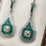 Platinum Diamond and Emerald Art Deco Style DangleEarrings