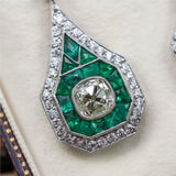 Platinum Diamond and Emerald Art Deco Style DangleEarrings