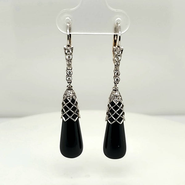 Vintage Platinum Onyx and Diamond Earrings