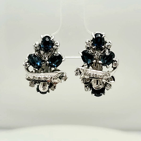 Vintage Platinum and 14kt White Gold Sapphire and Diamond Earrings