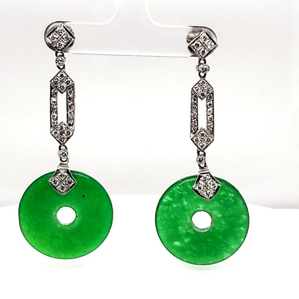 Art Deco Style 14kt White Gold Jade and Diamond Dangle Earrings