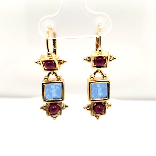 14kt Yellow Gold Blue Intaglio and Ruby Dangle Earrings