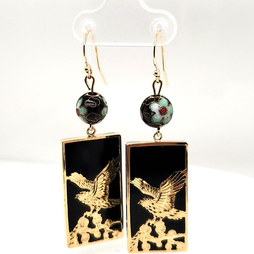 14Kt Yellow Gold Onyx and Cloisonne Bird Earrings