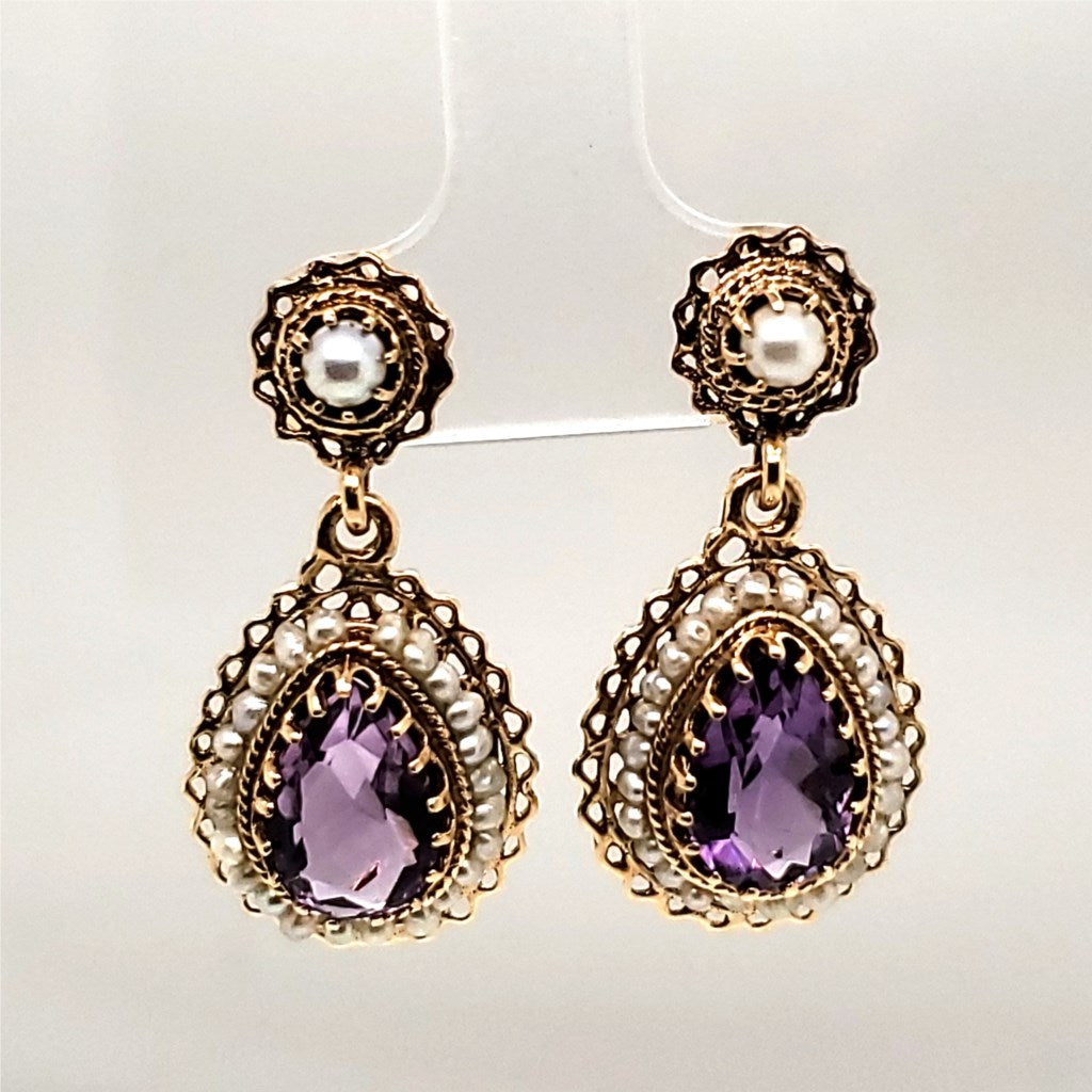 Vintage 14kt Yellow Gold Amethyst and Pearl Earrings