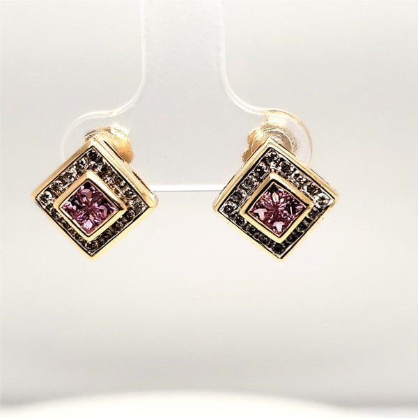 14Kt Yellow Gold Pink Sapphire And Diamond Earrings