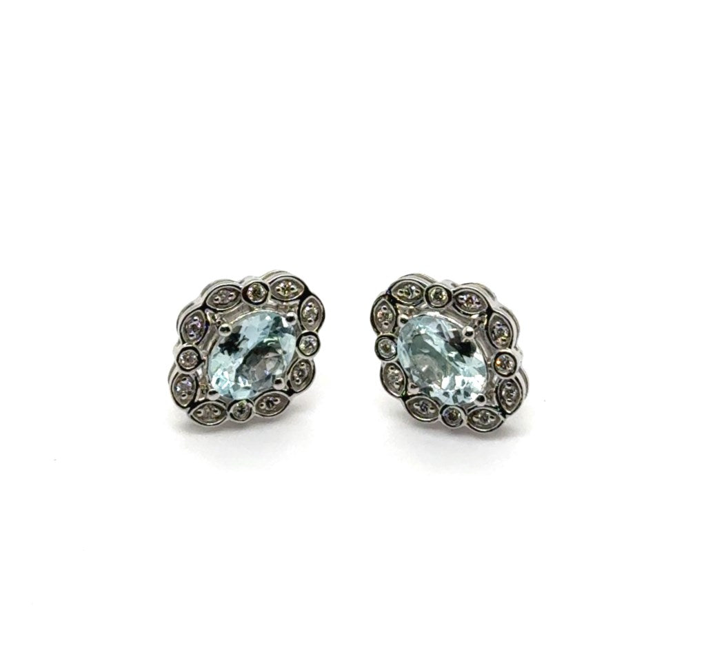 10kt White Gold 7X5mm Aqua And Diamond Stud Earrings