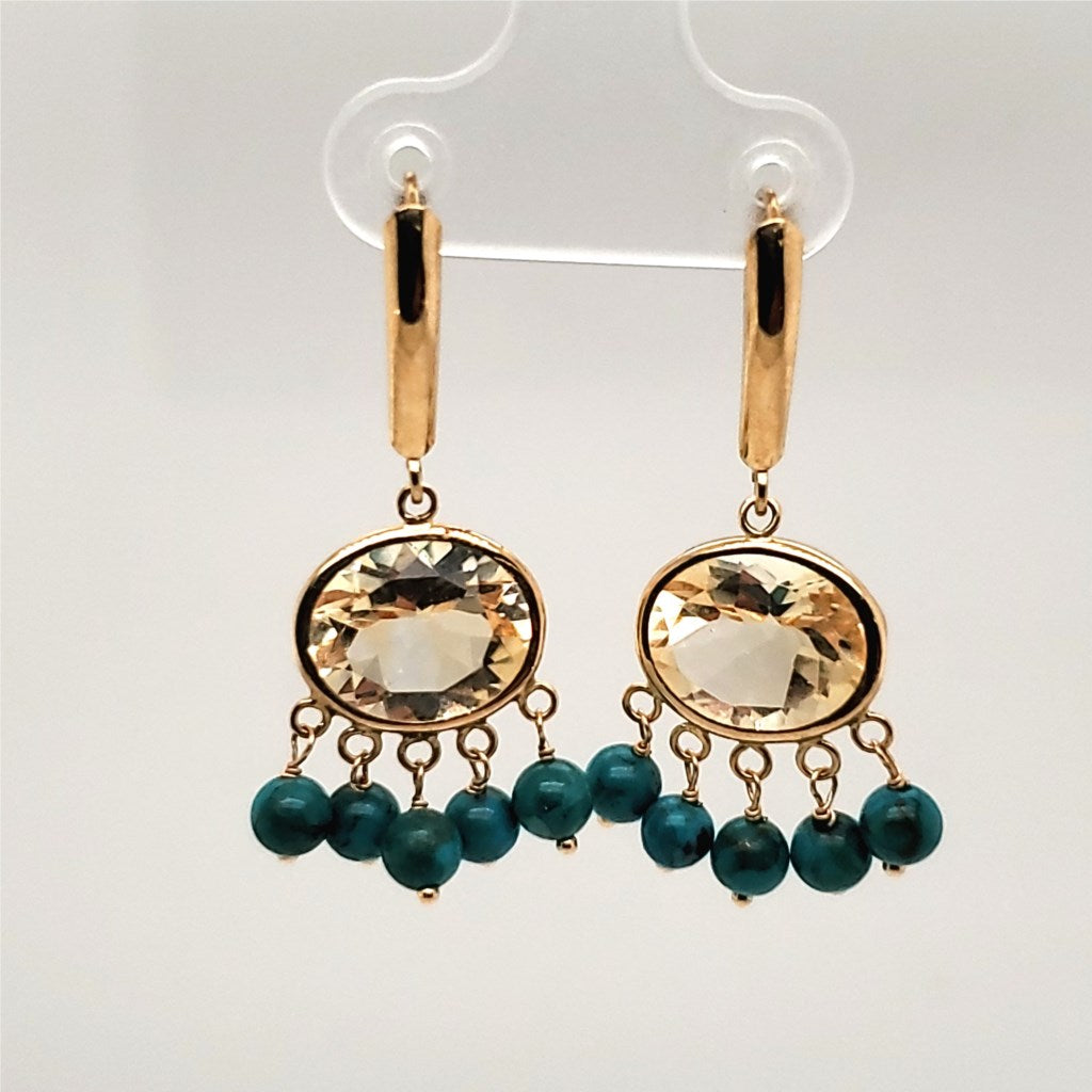 14Kt Yellow Gold Turquoise And Citrine Earrings