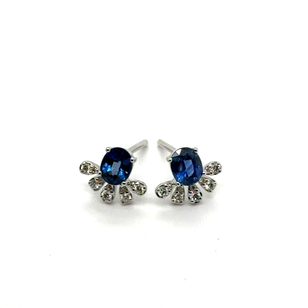 14kt White Gold Sapphire And Diamond Tiny Fan Stud Earrings