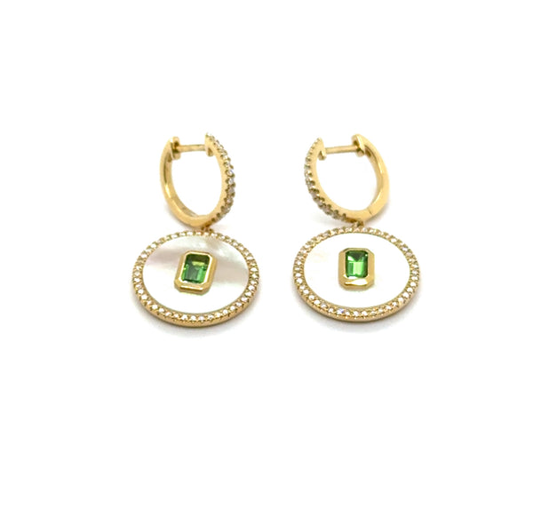 14Kt Yellow Gold Mother Of Pearl, Tsavorite Garnet, And Diamond Disc Drop Earrings