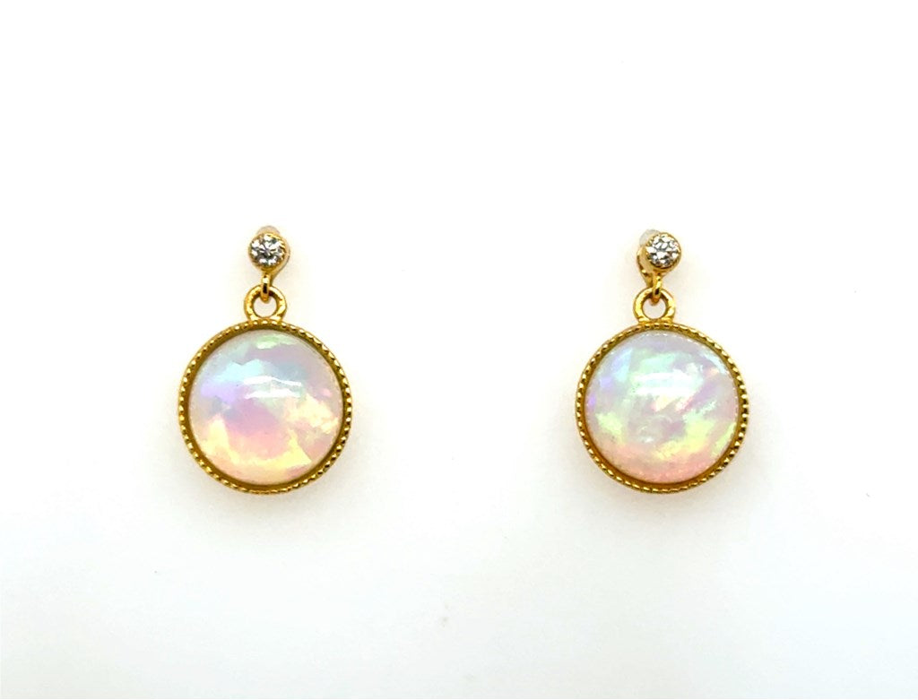 14kt Yellow Gold Opal And Diamond Drop Earrings