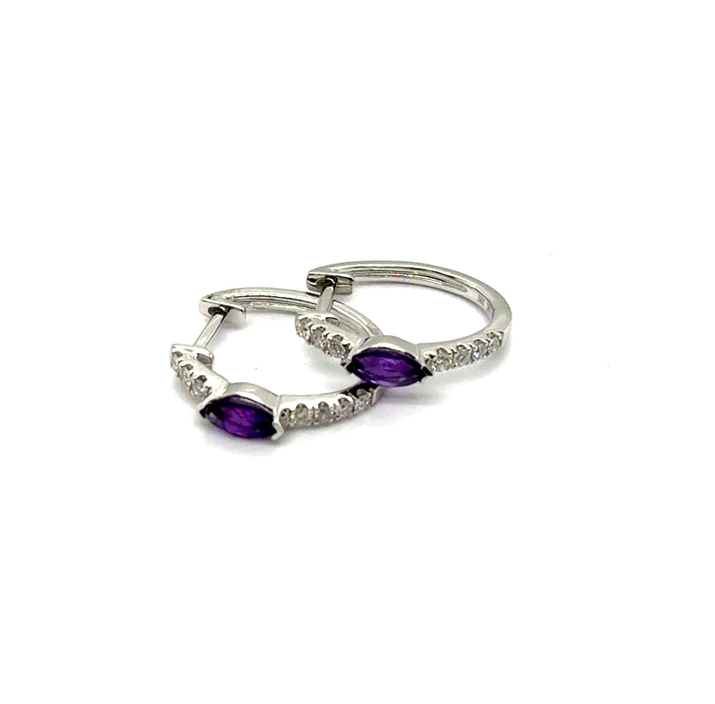 14kt White Gold 0.60Ctw Amethyst And Diamond Hoop Earrings