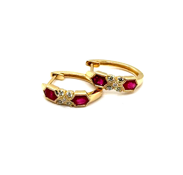 14kt Yellow Gold 0.89Ctw Ruby And Diamond Hoop Earrrings