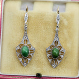 Antique Edwardian Platinum on 18kt Yellow Gold and Diamond and Nephrite Jade Earrings