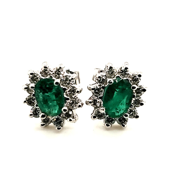 14kt White Gold Emerald And Diamond Stud Earrings