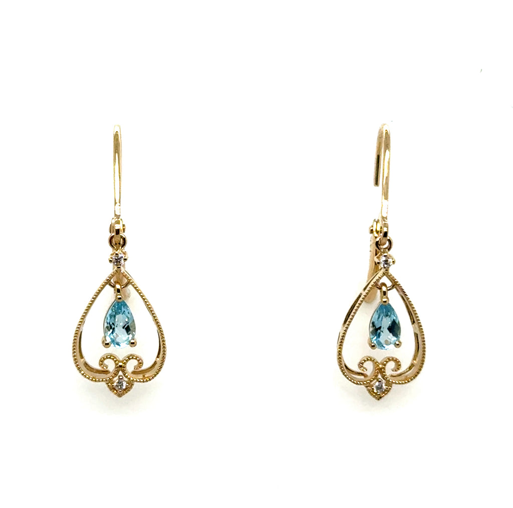 14kt Yellow Gold Blue Topaz And Diamond Ornate Earrings