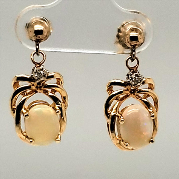 Vintage 14kt Yellow Gold Opal and Diamond Dangle Earrings