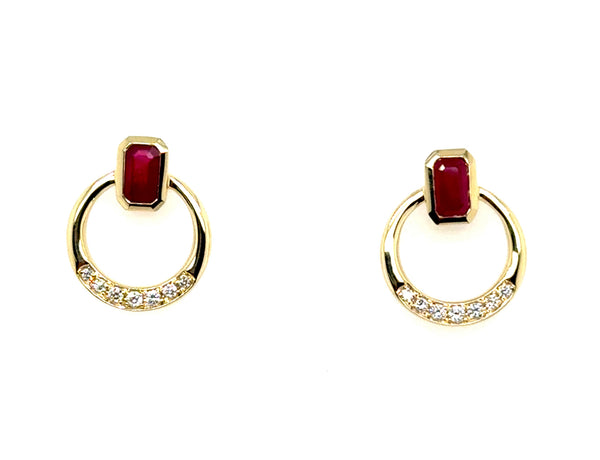 14Kt Yellow Gold 0.80Ctw Ruby And Diamond Disc Earrings