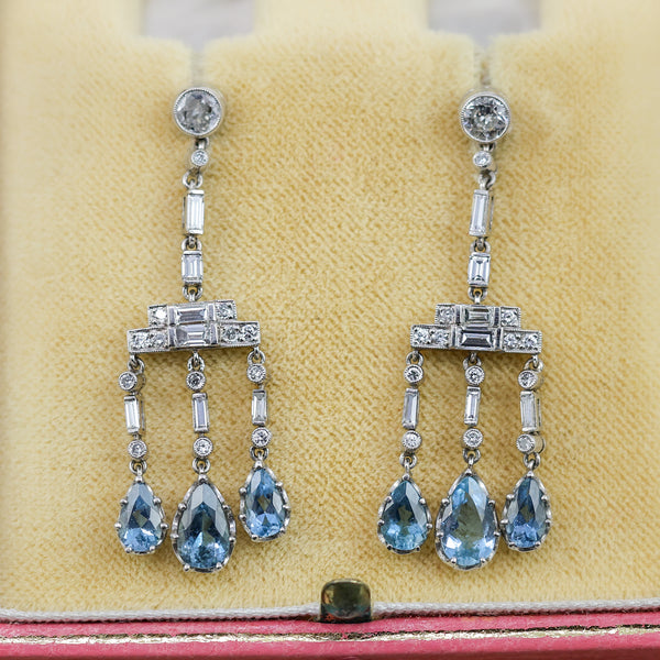 Platinum Art Deco Aquamarine and Diamond Earrings
