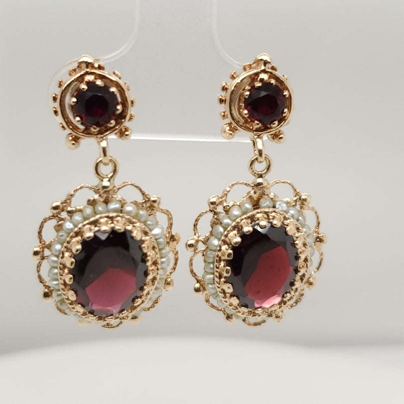 Vintage 14kt Yellow Gold Garnet and Pearl Dangle Earrings