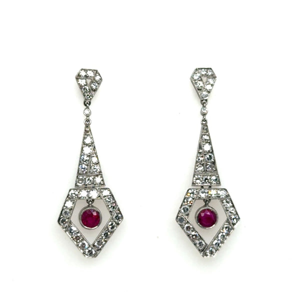 Art Deco Repro Style Ruby And Diamond Drop Earrings In Platinum
