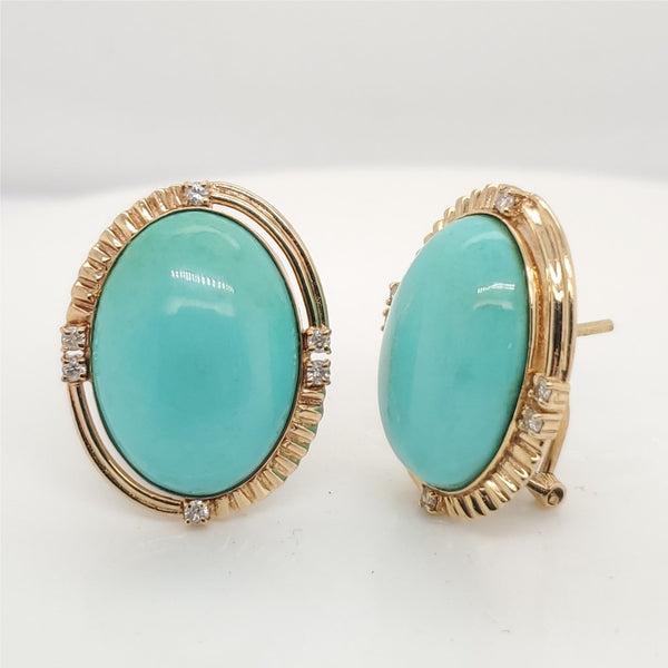 14kt Yellow Gold Turquoise And Diamond Oval Stud Earrings