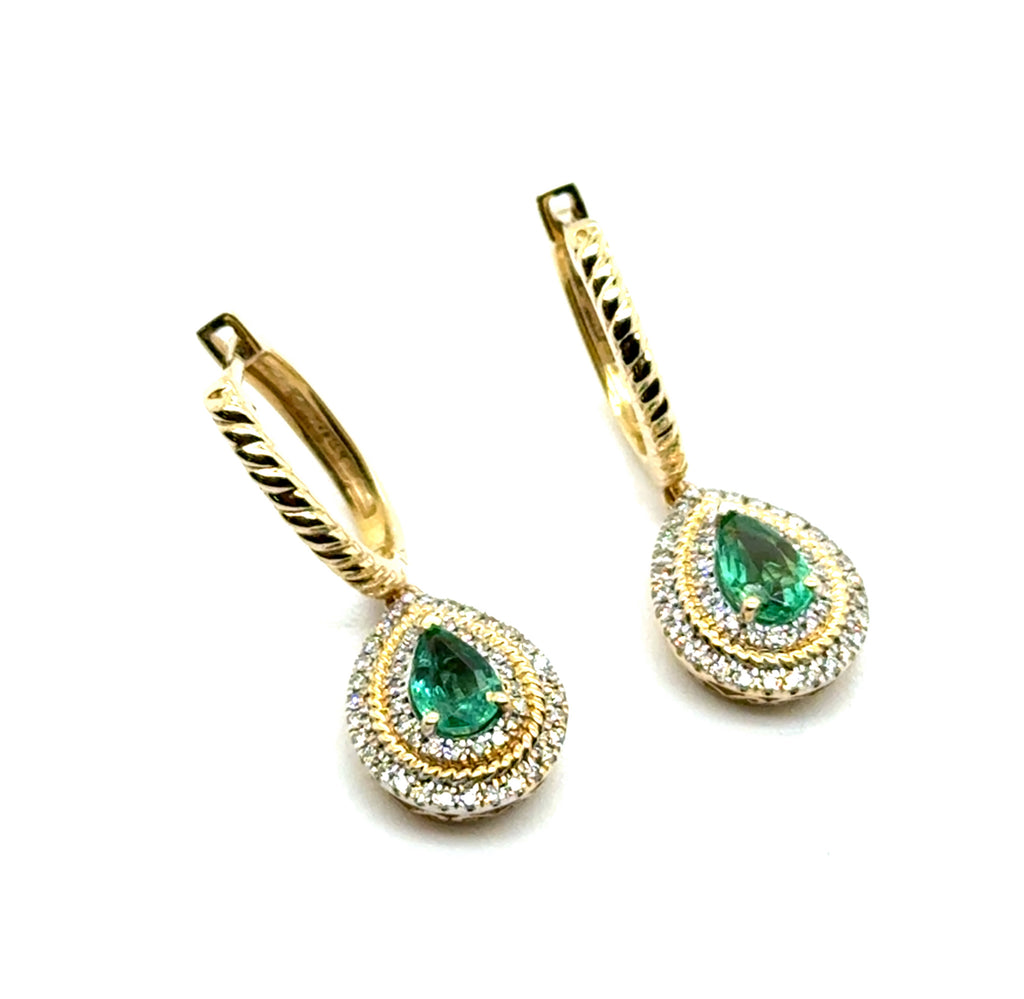 1.13 Ctw 14kt Yellow Gold Zambian Emerald And Diamond Tear Drop Earrings