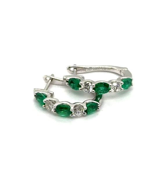 1.22 Ctw 14kt White Gold Emerald And Diamond Hoop Earrings