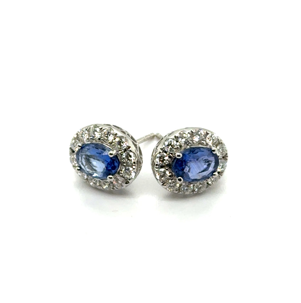 2.36 Ctw 14Kt White Gold Sapphire And Diamond Halo Stud Earrings