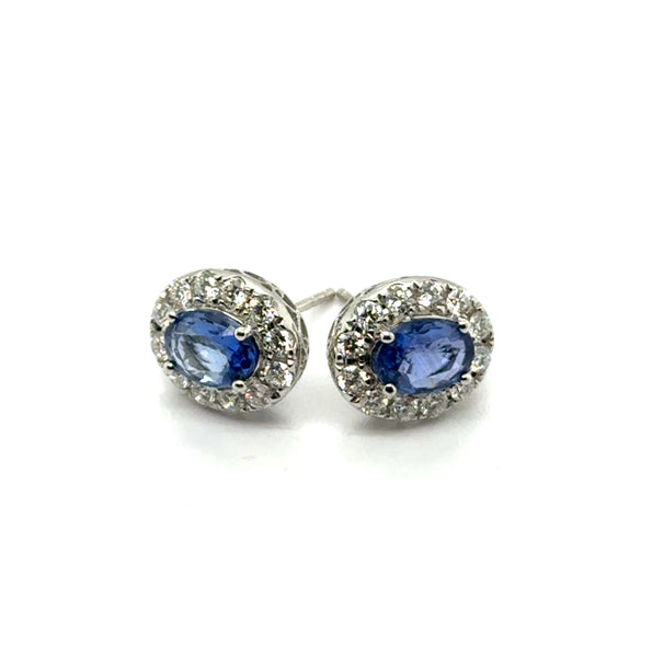 2.36 Ctw 14Kt White Gold Sapphire And Diamond Halo Stud Earrings