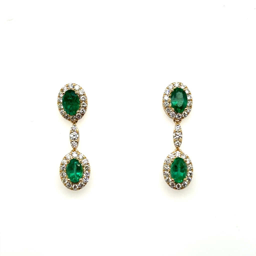 2.88 Ctw 14kt Yellow Gold Oval Emerald And Diamond Dangle Earrings