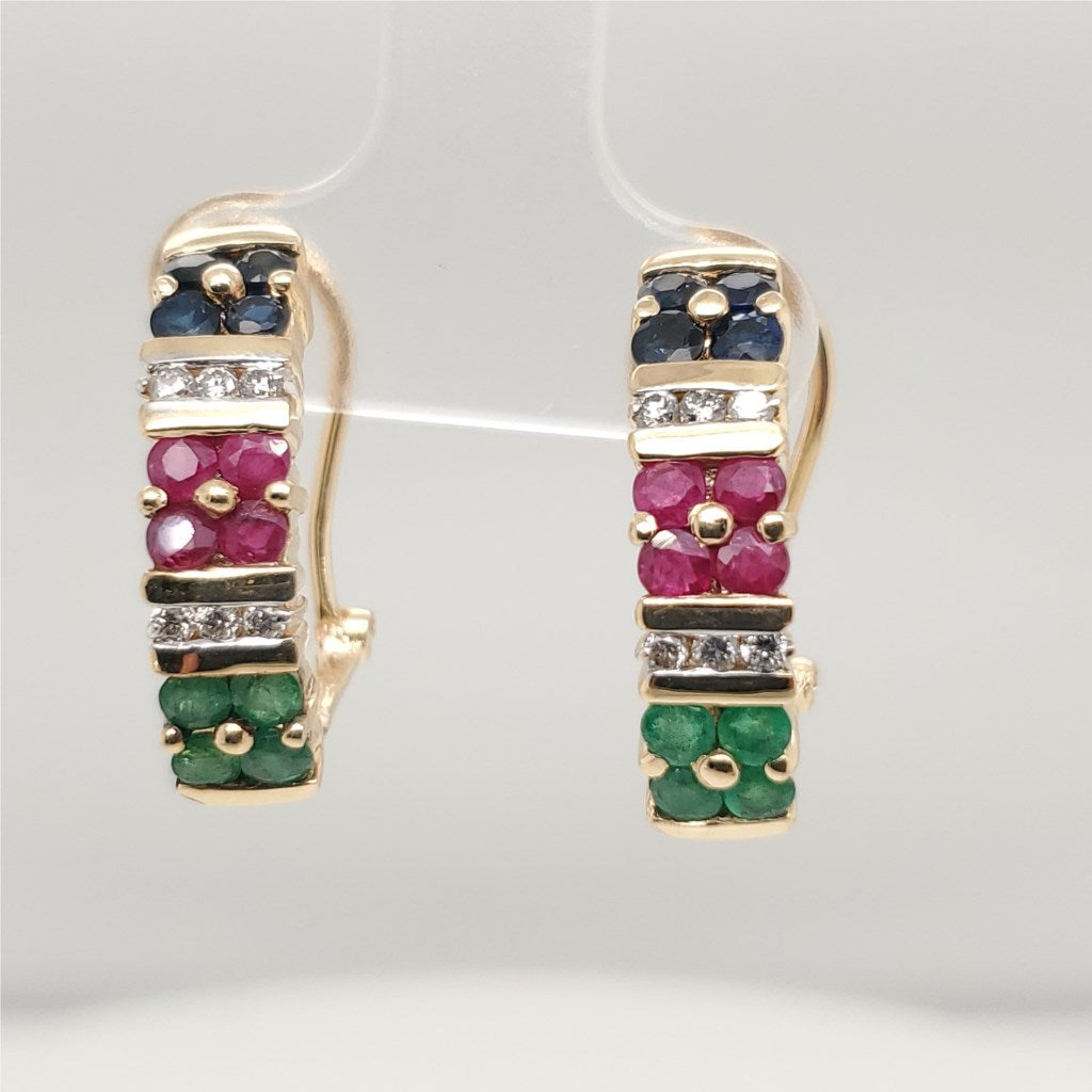 14kt Yellow Gold Diamond Emerald Sapphire and Ruby Earrings