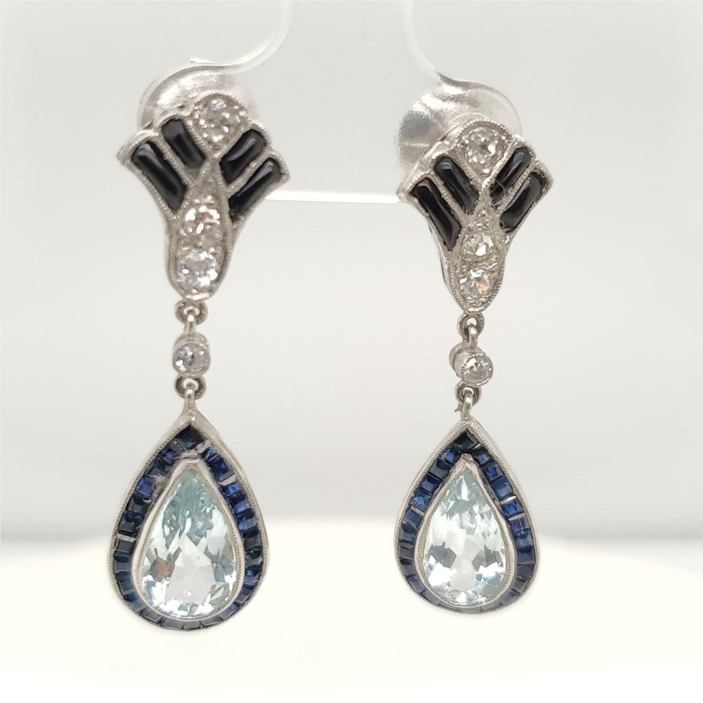Platinum Art Deco Style Aquamarine Sapphire Onyx and Diamond Earrings
