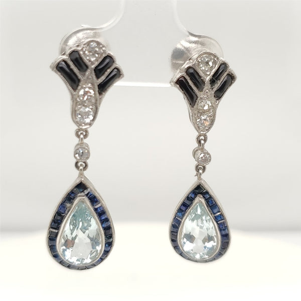 Platinum Art Deco Style Aquamarine Sapphire Onyx and Diamond Earrings