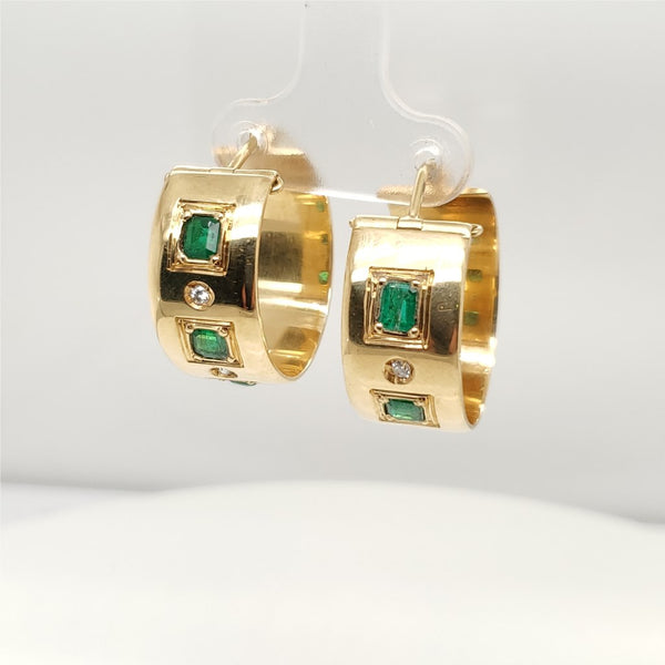 18kt Yellow Gold Emerald and Diaqmond Hoop Earrings