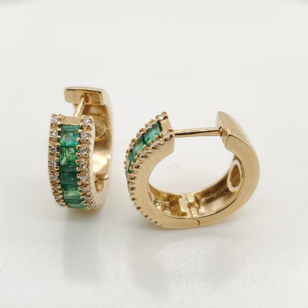 14Kt Yellow Gold Emerald and Diamond Huggie Earrings