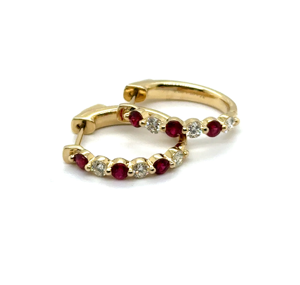1.00 Ctw 14kt Yellow Gold Alternating Ruby And Diamond Hoop Earrings