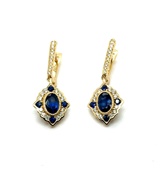 1.72 Ctw 14kt Yellow Gold Sapphire And Diamond Drop Earrings