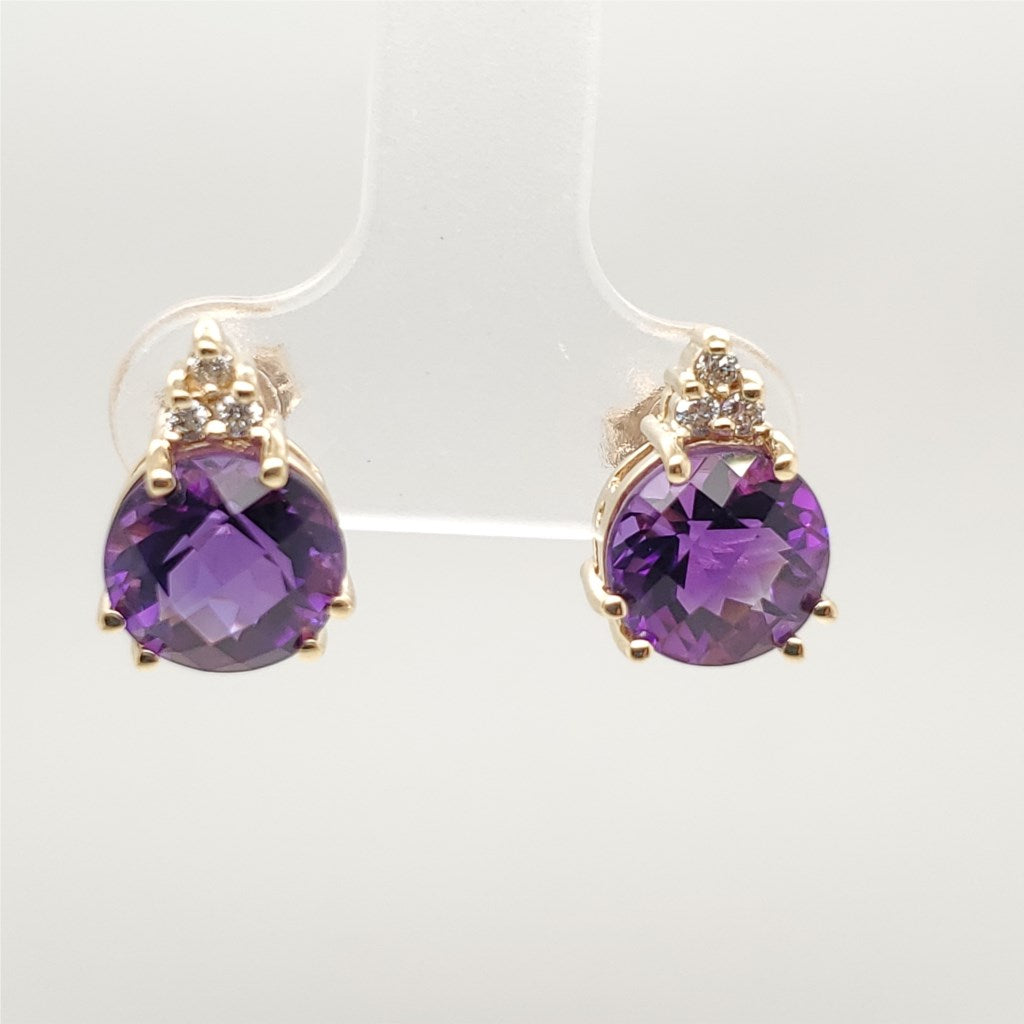 14kt Yellow Gold Amethyst And Diamond Stud Earrings