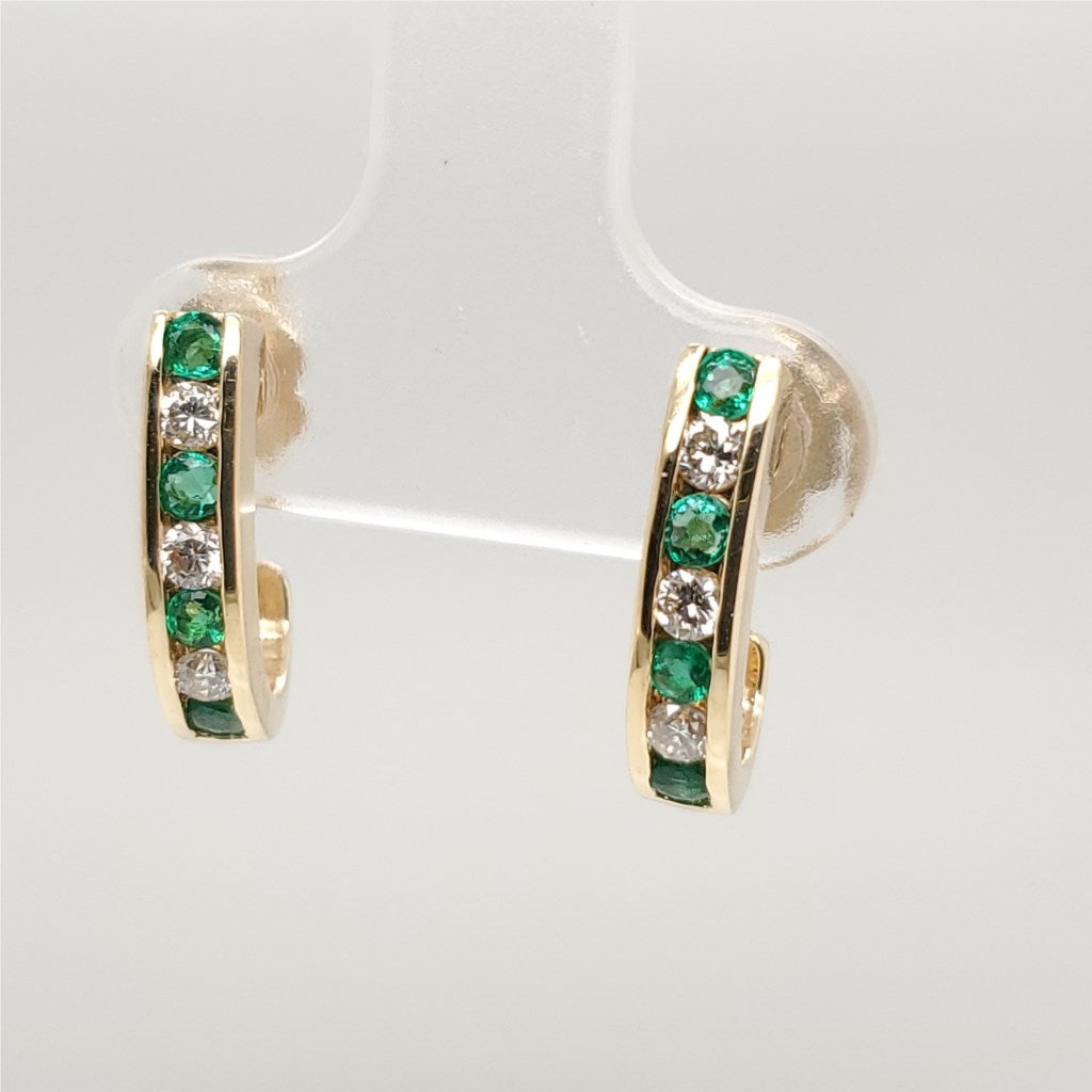 14kt Yellow Gold Half Hoop Emerald and Diamond Earrings